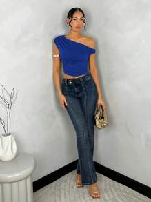 SHEIN BAE Áo cánh mùa hè nhún bèo màu trơn cho nữ - Xanh đậm - Xem 4