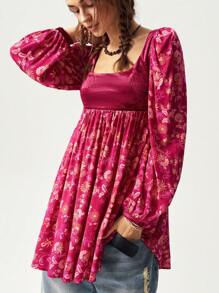 Bohemela Women's Floral Print Long Sleeve Mini Dress For Vacation, Autumn