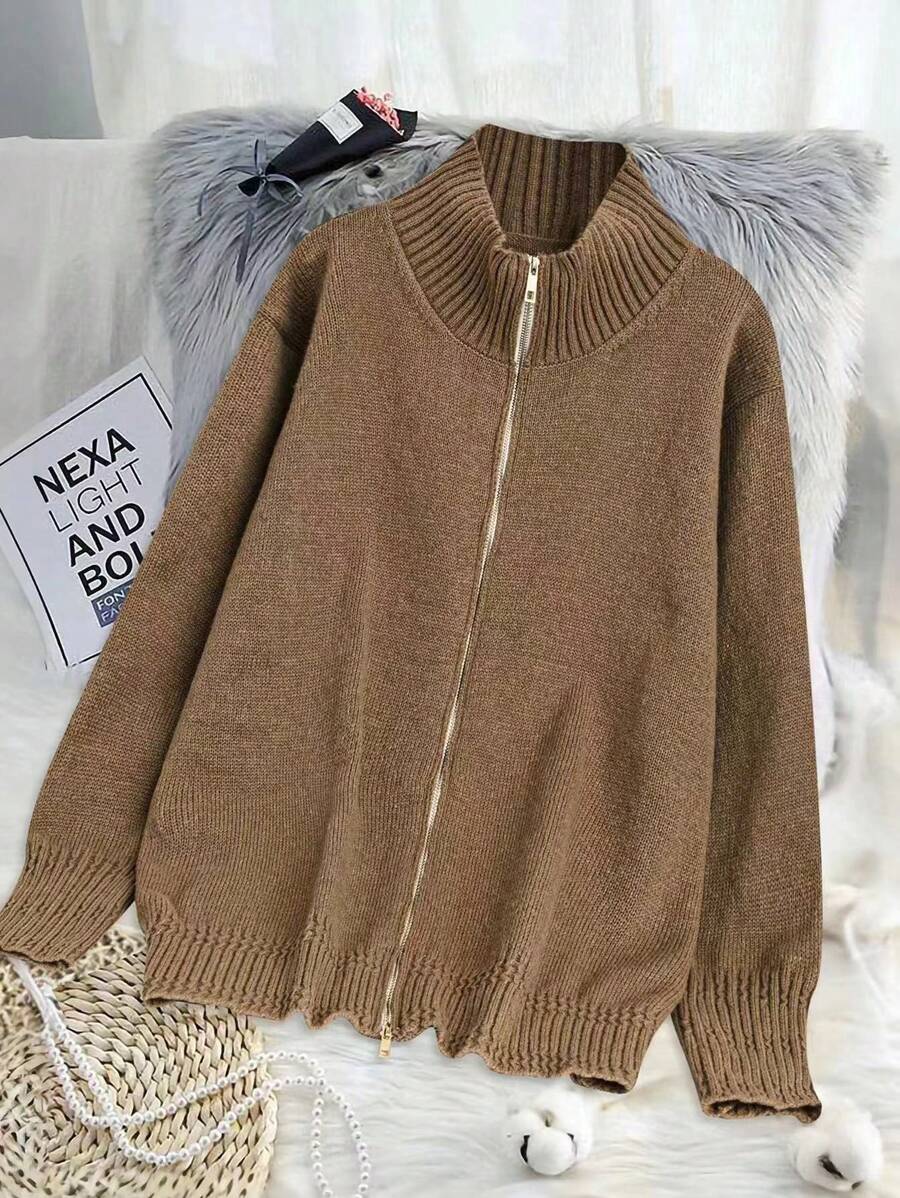 SHEIN LUNE Plus Size Solid Color Stand Collar Cardigan, Autumn/Winter , Brown Cardigans In Women Fall Cloth For Women - Coffee Brown - View 1