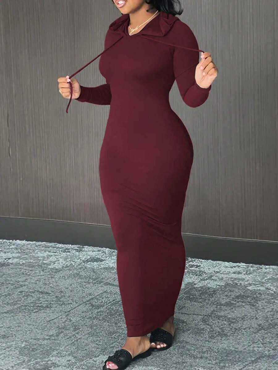 SHEIN Plus Size Plain Color Drawstring Hooded Fitted Long Casual Dress, Spring & Autumn Fall Cloth For Women - Burgundy - View 1