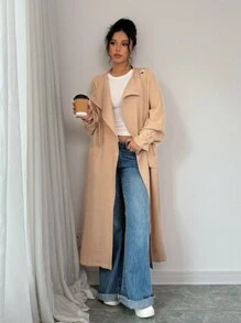 Chiquease 女士休闲宽松系带腰部可调节飘逸长款开衫 - 卡其色 - 查看 1