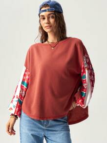 Bohemela Women's Round Neck Long Sleeve Vacation Graphic Loose Casual T-Shirt, Fall - Red - View 3