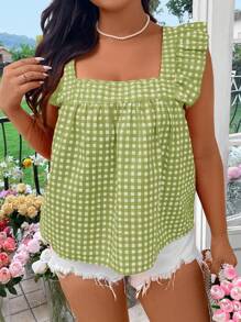 Sunnyshic Plus Size damska bluzka w kratę z kokardą i odkrytymi plecami, krótka, z krótkim rękawem, letnia