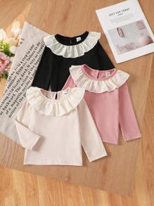 3pcs Baby Girls Ruffle Collar Patchwork Long Sleeve Casual Outfit - Multicolor - View 1