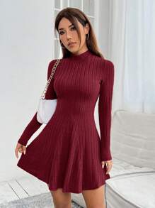 SHEIN PETITE Vestido de mujer de punto acanalado con cuello de tortuga para primavera - Burdeos - Ver 6
