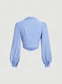 SHEIN MOD Camisa a rayas azul y blanca con cintura en la solapa, ropa de mujer, ropa de mujer para otoño, camisas de manga larga de vuelta al colegio para maestras, camisas de abotonadura, camisas azul claro, camisas a rayas, blusas lindas - Azul y blanco - Ver 2