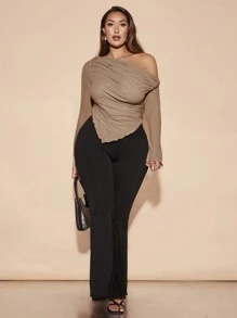 SHEIN BAE Off-Shoulder Brown Mesh Plus Size Long-Sleeved T-Shirt - Khaki - View 3