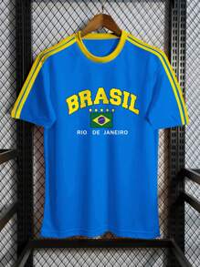 Manfinity Dauomo Camiseta de manga corta de cuello redondo con estampado de letras y gráficos a rayas en contraste, verano, para hombre