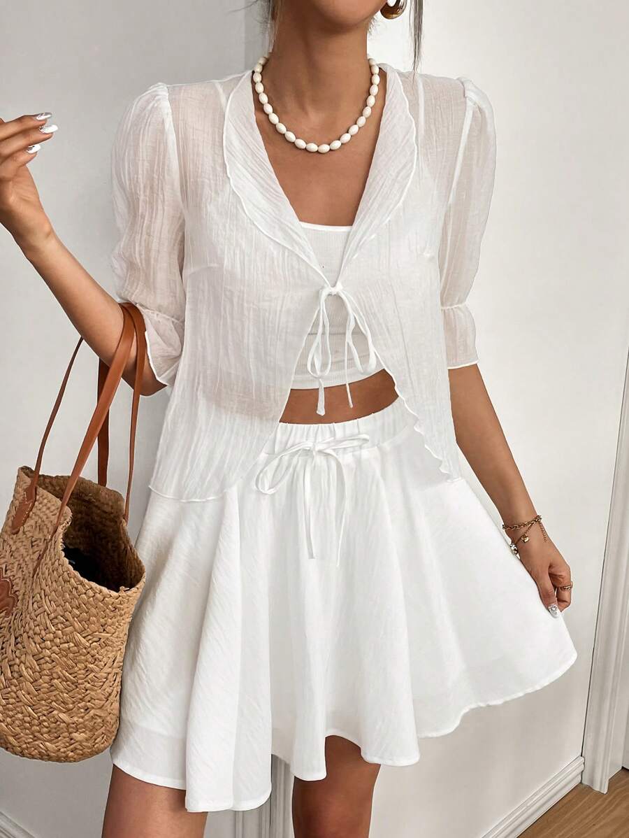 SHEIN Essnce 夏季新款纯白简约休闲泡泡袖 3/4 袖女式衬衫