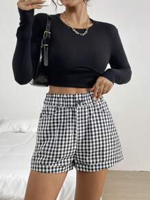 SHEIN Essnce Women's Casual Plaid High Waisted Shorts With Pockets, Summer