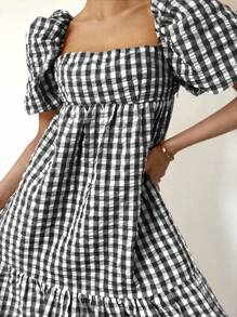 Siren Gaze 女士彩色格子泡泡袖夏季连衣裙夏威夷连衣裙飘逸连衣裙乡村连衣裙夏季女士连衣裙方格连衣裙 - 黑與白 - 查看 4