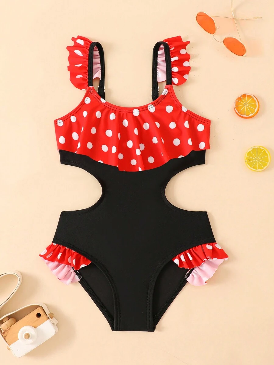 Young Girl Summer Beach Polka Dot Printed Hollow Out Ruffle One-Piece Swimsuit, Random Print - Multicolor - View 1