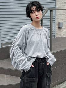 FRIFUL Áo thun nữ cổ tròn màu trơn có dây rút xếp li dài tay - Xám - Xem 6