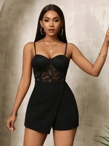 BamGleam Women's Lace Patchwork Casual Solid Color Slim Fit Jumpsuit With Spaghetti Straps - Black - View 6