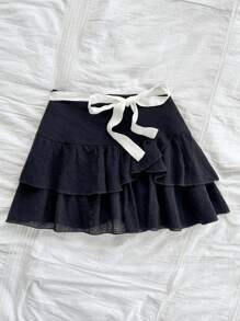 Soleia Saia casual feminina estilo resort texturizada com babados duplos e decoração de gravata borboleta branca, adequada para formatura, casamento, festival de música, volta às aulas, almoço fofo, início do outono - Preto - Ver 2