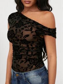 SHEIN BAE Damen Langarm Flocked Jacquard sexy transparentes asymmetrisches Schulter Bodysuit, elegante Feiertags-, Sommer-, Alltags- und Ausgehgarderobe, Herbst - Schwarz - Übersicht 4