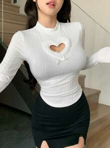 DAZY Women's Hollow Heart Decor Stand Collar Long Sleeve T-Shirt, Spring & Summer,Fall Clothes Turtleneck Women