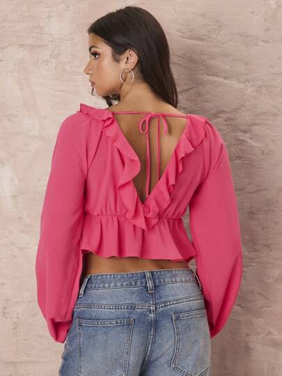 Zolique 女士 V 领荷叶边灯笼袖休闲衬衫