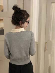Korean Style Polo Collar Autumn/Winter New Short Cropped Top, Lightweight Sweater, Color Block, Long Sleeve Women Knit Pullover Casual Fall - Grey - View 7