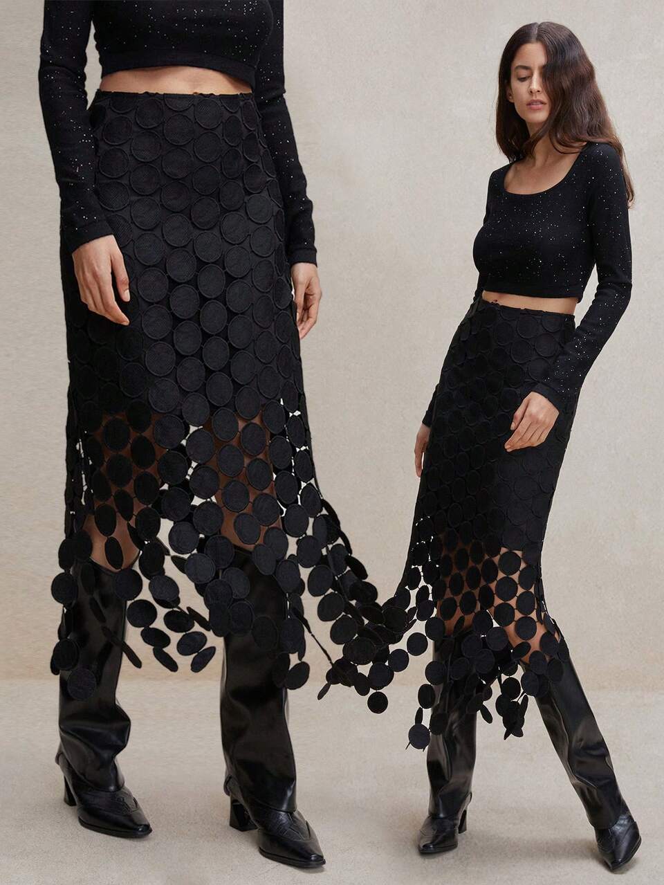 Laser Cut Multi Circle Double Layered Skirt Women Outfit, Summer Lace Black Skirt With Tassel Hem, Circle Lace Skirt, Vacation Skirt, Elegant Bottom Skirt