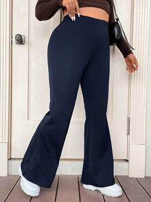 Flirla Quần dài ôm vừa vặn màu trơn cỡ lớn - Màu xanh hải quân - Xem 3