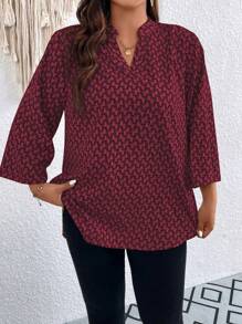 Breezaya Plus Size Spring/Autumn Casual Allover Print Notched Neck Roll Up Sleeve Shirt Fall Cloth For Women - Burgundy - View 4