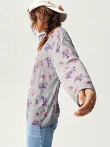 Bohemela Women's Long Sleeve T-Shirt With Ditsy Floral Pattern, For Vacation/Fall - Grey - View 3