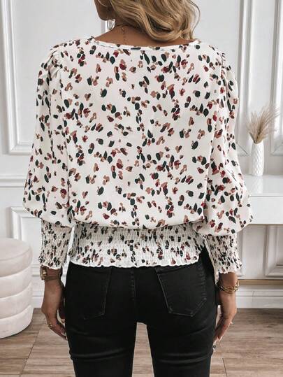 SHEIN LUNE Round Collar Cuffs, Frill Trim, Puff Sleeves, Lantern Sleeves, Retro Leopard Print, Casual Commuting Shirt For Women