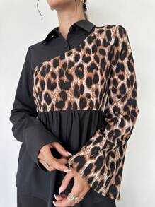 Firerie Women's Elegant Commuter Blouse Leopard Print Asymmetric Color Block Long Sleeve Shirt