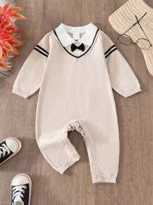 Pelele de punto de estilo colegial sencillo casual de moda caqui para bebé niño para uso en interiores, exteriores y picnic - Albaricoque - Ver 1