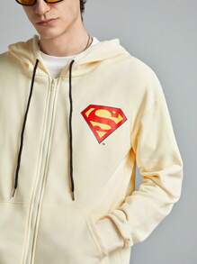 ROMWE MEN SUPERMAN X ROMWE Men's Anime Character & Japanese Text Printed Loose Fit Drawstring Zip-Up Hoodie, Spring Autumn