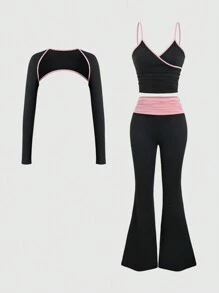 Sweetra Conjunto casual de 3 piezas con top corto de manga larga cuello redondo con ribete a color, camiseta interior y pantalón ancho de pierna plisada