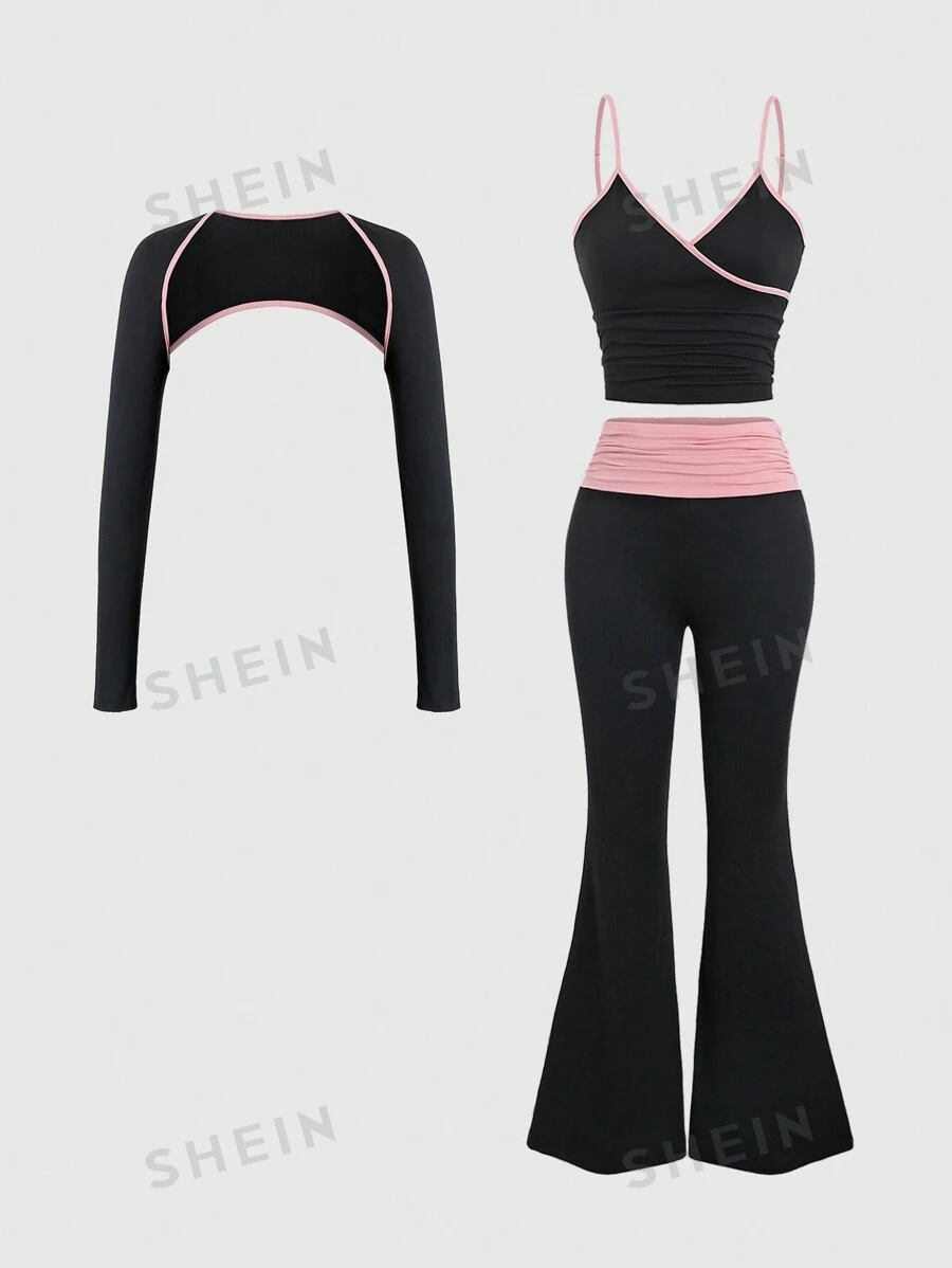 Sweetra Conjunto casual de 3 piezas con top corto de manga larga cuello redondo con ribete a color, camiseta interior y pantalón ancho de pierna plisada