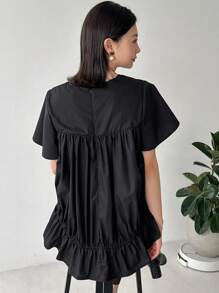 FRIFUL 女士夏季休闲纯色褶皱短袖衬衫，荷叶边 - 黑色 - 查看 6