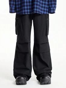 Manfinity VCAY 男士街头棉质中腰拉链多口袋喇叭下摆宽松休闲工装裤 - 黑色 - 查看 1