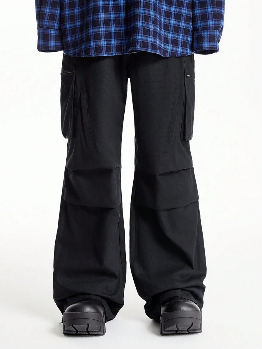 Manfinity VCAY 男士街头棉质中腰拉链多口袋喇叭下摆宽松休闲工装裤 - 黑色 - 查看 1