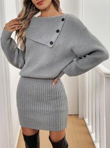 Chiquease Women Asymmetrical Neck Button Closure Long Sleeve Solid Color Knitted Sweater Dress