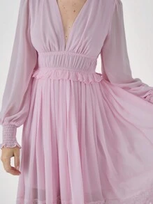 Enchnt Abito lungo elegante da donna in colore unito con scollo a V, maniche lunghe e pizzi su parti del vestito, adatto per primavera ed estate - Rosa corallo - Visualizzare 4