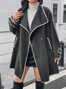 Calvaya Cộng với kích thước khối màu dài tay có nút phía trước áo khoác thông thường - Màu xám đen - Xem 6