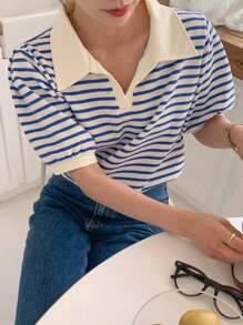 DAZY Damen gestreiftes, locker sitzendes Poloshirt mit Puffärmeln - Blau - Übersicht 3
