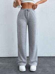 EURMUSE Solid Color Straight Leg Sweatpants - Light Grey - View 3
