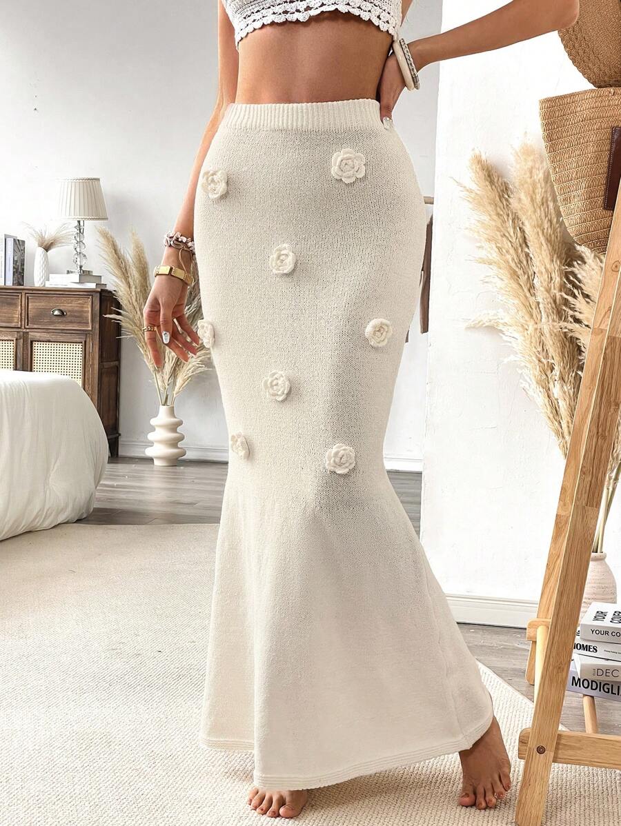 SHEIN VCAY Elegant Knitted   Skirt With Exquisite Floral Detailing, Fish Tail Hem,  Perfect For Vacation, Dating Or Evening Occasions - Apricot - View 1