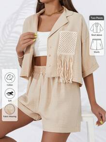 RueChic Women Embroidery Pocket Shirt & Shor Set - Beige - View 2