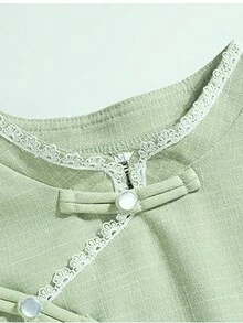 复古风修身旗袍上衣，轻盈中国元素，夏季日常穿搭，文艺优雅唐朝服饰 - 綠色 - 查看 6