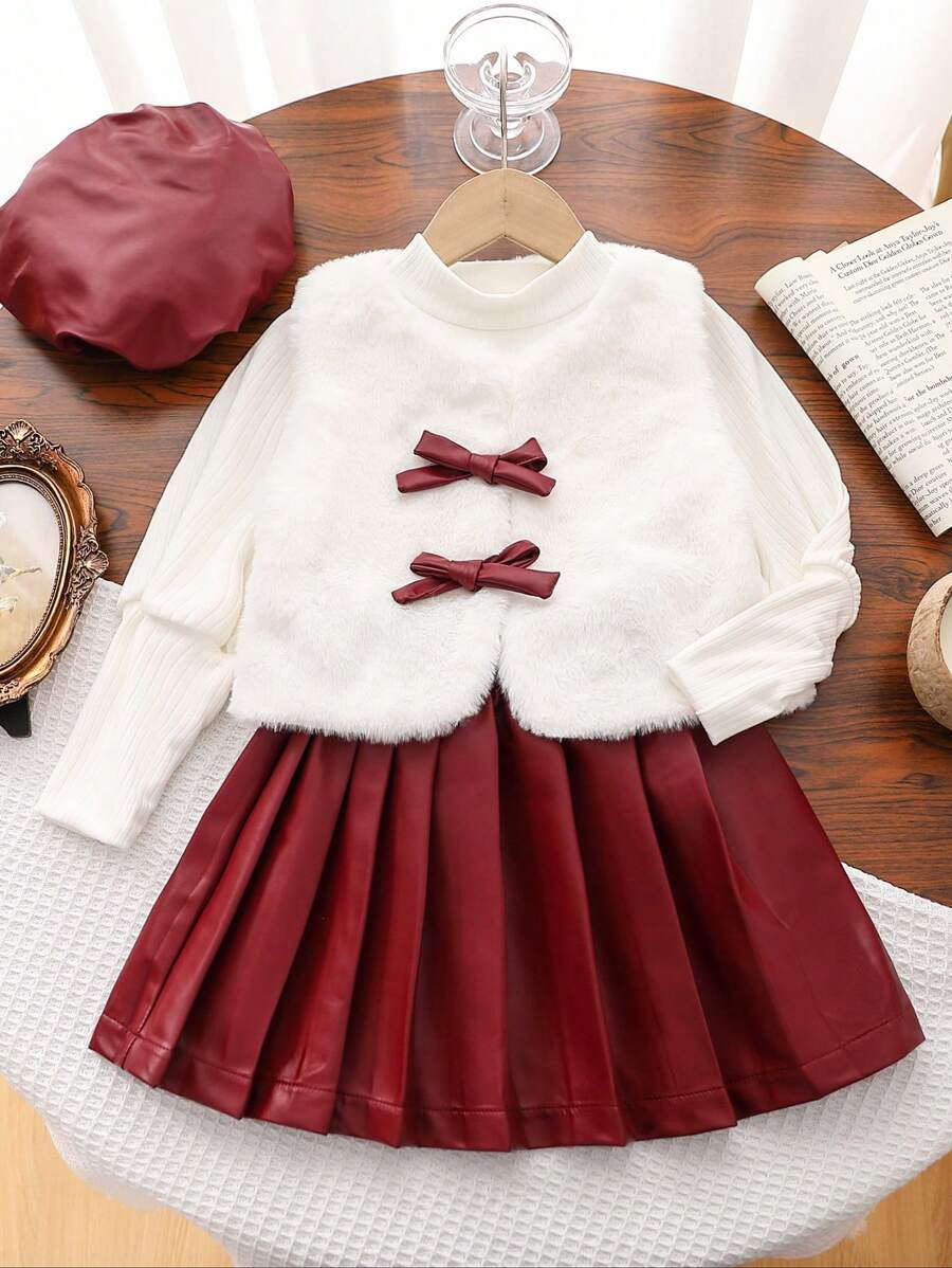 SHEIN Áo dài tay trơn màu có nơ trang trí cho bé gái, kết hợp với áo vest lông trắng và bộ váy xếp ly, phù hợp cho Giáng sinh và các dịp đặc biệt khác để thể hiện không khí lễ hội, cũng phù hợp để mặc hàng ngày và mặc ngoài trời vào mùa thu/đông - Hồng - Xem 1