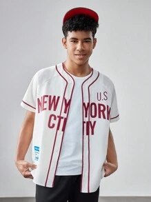 SHEIN Teenager Jungen lässiges Kurzarm T-Shirt mit Webmuster Beschriftung und Baseball Kragen, locker geschnitten