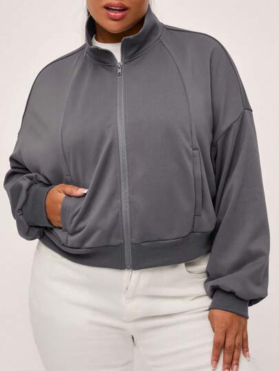 SHEIN BASICS 大码休闲纯色针织立领插肩袖长袖宽松夹克