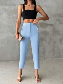 Women's Solid Color High Waist Straight Casual Cropped Trousers - Blue - View 5