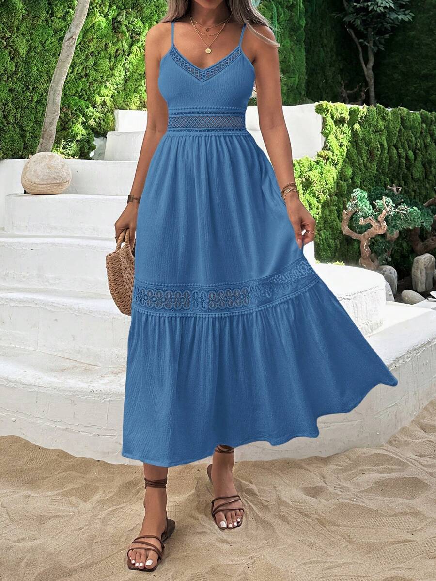 RueChic V-Neck Guipure Lace Insert Ruffle Hem Dress - Blue - View 1