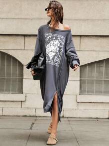 Bohemela Vestido holgado de sudadera con gráficos para vacaciones con aberturas laterales para mujer, gris